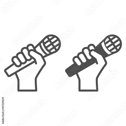 Microphone in hand line and solid icon, sound design concept, hand holding mic vector sign on white background, outline style icon for mobile concept and web design. Vector graphics.