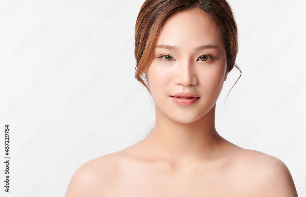 Beautiful young asian woman with clean fresh skin on white background, Face care, Facial treatment, Cosmetology, beauty and spa, Asian women portrait.