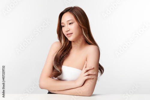 Beautiful young asian woman with clean fresh skin on white background, Face care, Facial treatment, Cosmetology, beauty and spa, Asian women portrait.