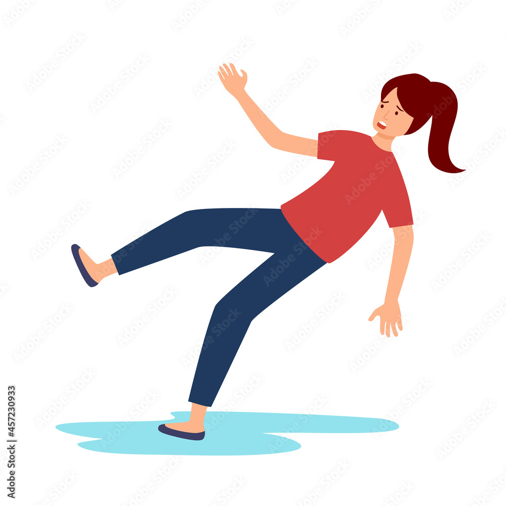 Young woman slip fall on wet floor in flat design on white background. Caution wet floor. Young woman slip fall on wet floor in flat design on white background. Caution wet floor.