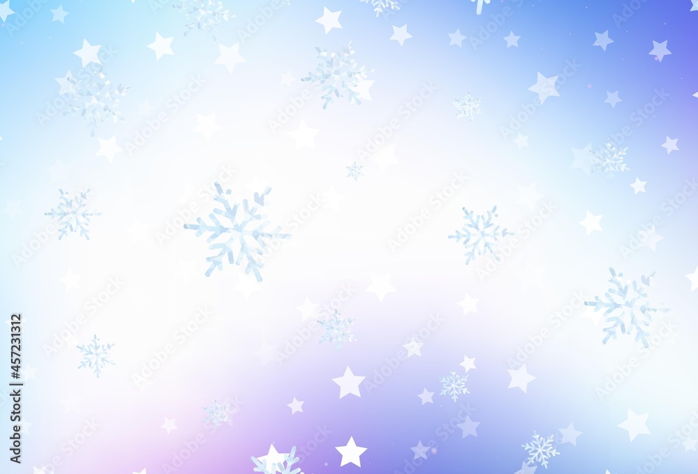 Light Pink, Blue vector texture with colored snowflakes, stars.