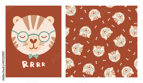 Set cute poster and seamless pattern with tiger face and poster with lettering Rrrr. Collection with animal of flat style for children clothing, textiles, wallpapers. Vector Illustration photo