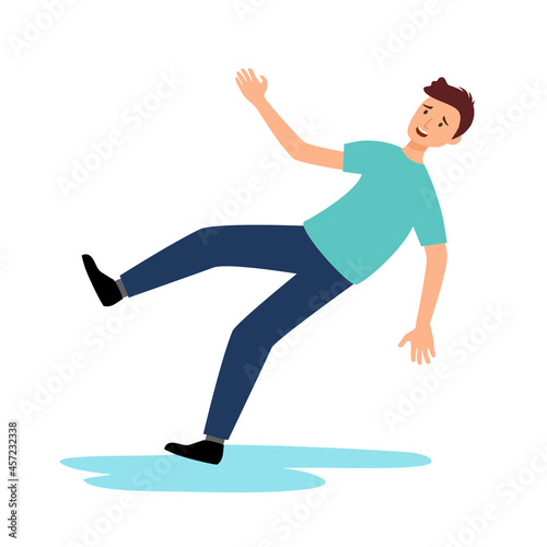 Young man slip fall on wet floor in flat design on white background. Caution wet floor.