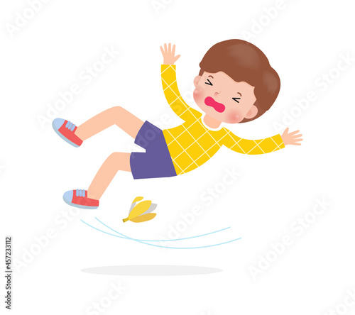 asian children slipping on a banana peel vector illustration isolated on white background
