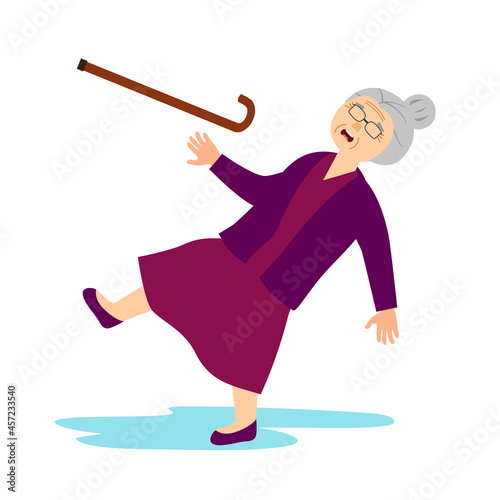 Elderly woman slip fall on wet floor in flat design on white background. Caution wet floor.