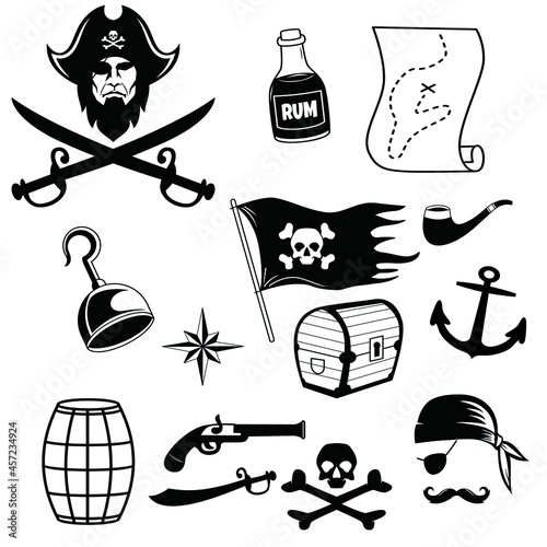 pirates icons set (saber, skull with bandanna and bones, hook,hat, old ship, anchor,barrel, rum)