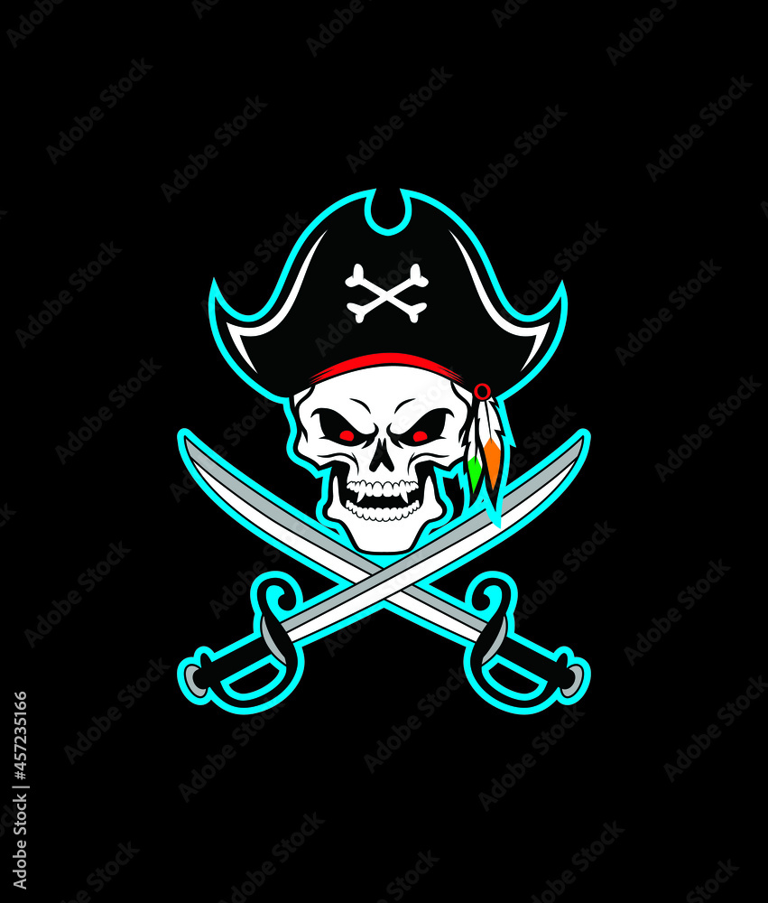 Fototapeta premium Pirate skull in hat and eye patch with two crossed sabers, vector illustration