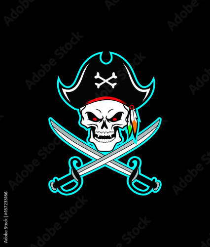 Pirate skull in hat and eye patch with two crossed sabers, vector illustration