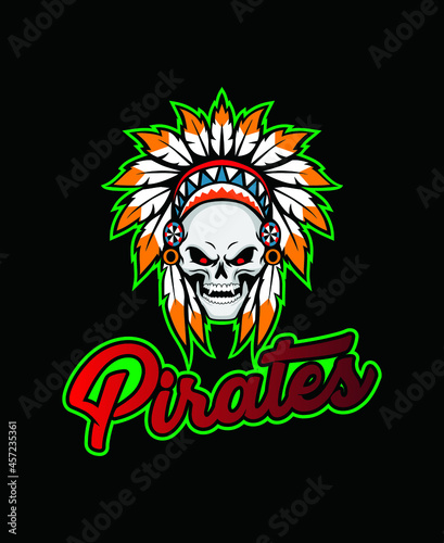 Pirate skull in Indian Headdress with feathers, vector illustration 