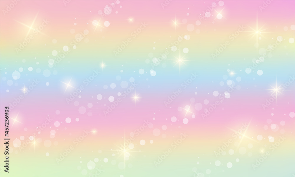 Rainbow fantasy background. Holographic illustration in pastel colors. Cute cartoon girly background. Bright multicolored sky with stars and bokeh. Vector.