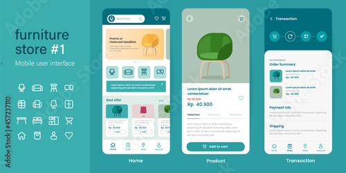 Mobile app user interface UI kit UX of furniture shop online store e-commerce website layout smartphone mockup in vector