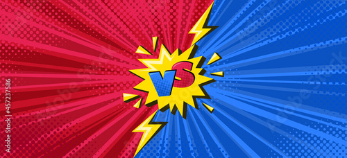 Superhero halftoned poster with lightning. Versus comic design with yellow flash. Vector illustration backdrop