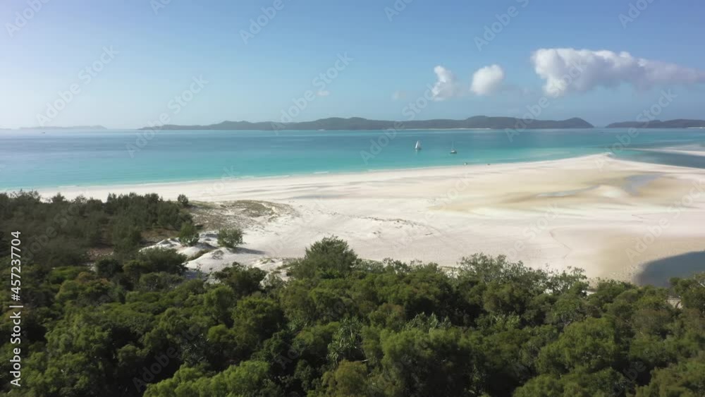 Low jungle aerial rotates to reveal people on expansive sandy beach Low jungle aerial rotates to reveal people on expansive sandy beach