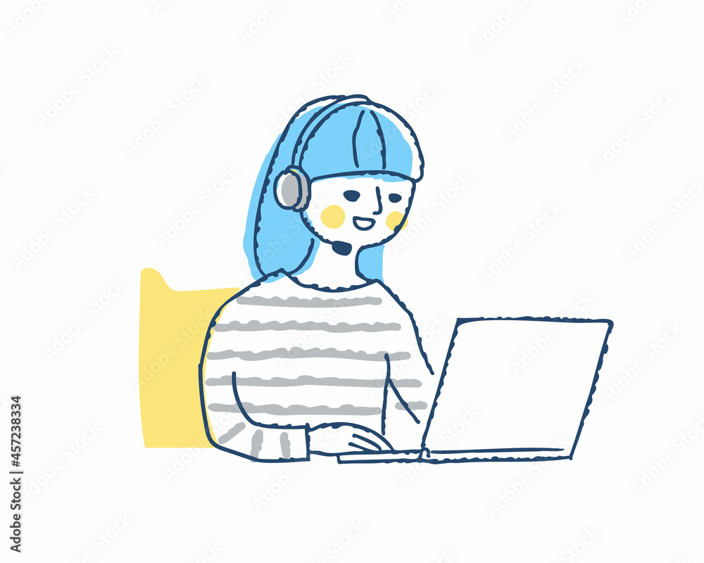 ヘッドセットをつけてパソコン作業をする女の子 ヘッドセットをつけてパソコン作業をする女の子