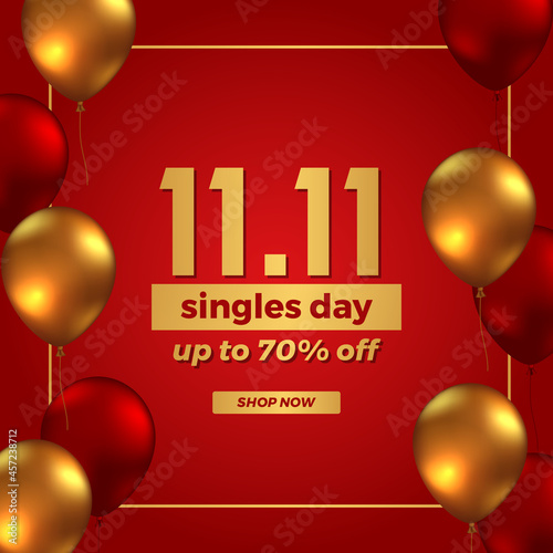 11 11 single day sale offer promotion banner advertising, china shopping day with 3d flying golden and red balloon