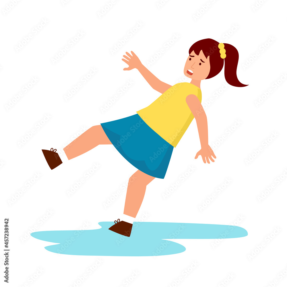 Girl child slip fall on wet floor in flat design on white background. Caution wet floor.