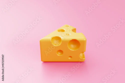 Piece of cheese on pink background 3D Rendering illustration with copy space