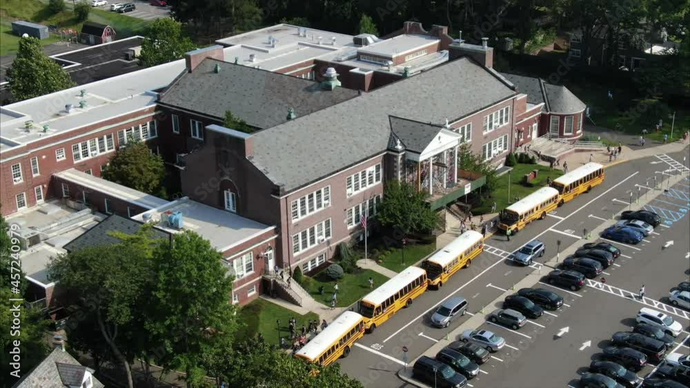 Queens, New York, United States - September 26, 2021 : Aerial of a school in Bayside Queens, a neighborhood in Queens, New York Queens, New York, United States - September 26, 2021 : Aerial of a school in Bayside Queens, a neighborhood in Queens, New York
