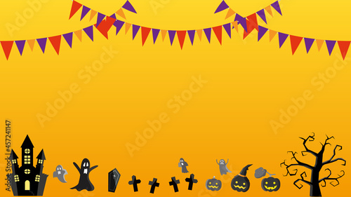 Halloween message card illustration with jack-o-lanterns, ghosts, castles, tombs and trees.