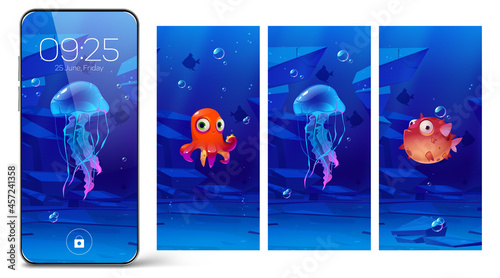 Smartphone lock screens with underwater animals, cartoon onboard pages for mobile phone. Digital wallpaper for device with cute puffer fish, jellyfish and octopus, user interface design collection