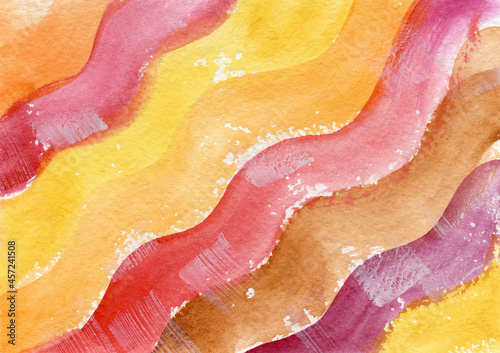 Aquarel verf abstracte veelkleurige gradiënt achtergrond. Roze, geel, oranje en violet golvende diagonale lijnen ter plaatse textuur. Achtergrond van spots voor verpakking, bruiloft en web