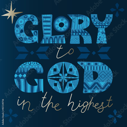 "Glory to God in the highest" Luke 2:14 verse text in scandinavian style with folk ornaments. Can be used as christmas greeting card, web banner or social media template.