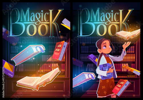 Magic book cartoon posters, young girl in night library or reader club with glowing volumes and sparkles flying around. Curious child reading in dark room with shelves or bookcases Vector illustration