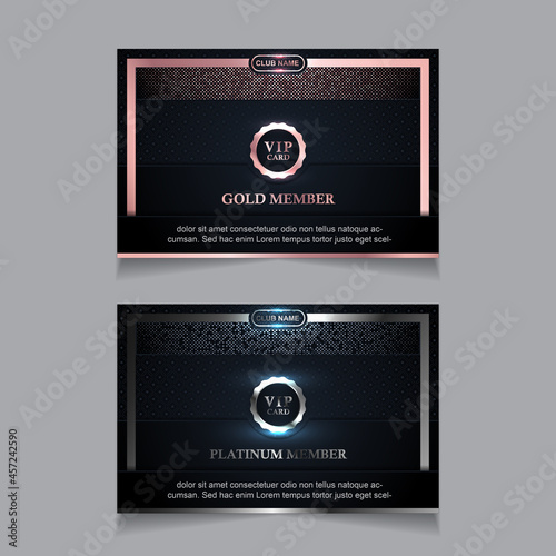 Vector VIP golden and platinum business card. Black geometric pattern background with premium design. Luxury and elegant graphic template layout for vip member