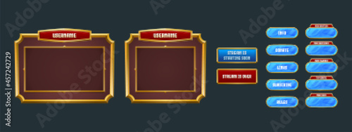 Stream overlay, game twitch frame. Streaming screen, username panels, menu and buttons. Overlay template for online live video, digital user interface, Cartoon vector illustration, isolated set