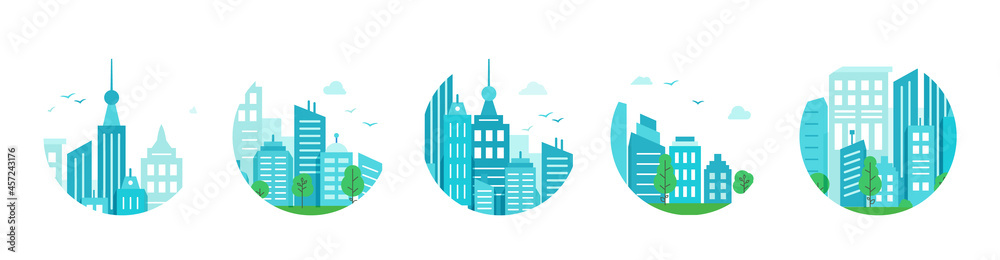 Set of round icons with blue city. Urban landscape with houses in circle.