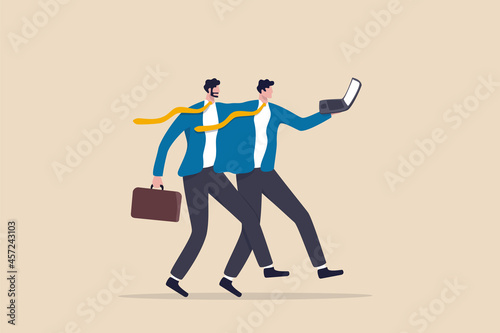 Job sharing in flexible work, 2 or more employees share work responsibility in same position for best result concept, two businessman together working with same computer metaphor of job sharing.
