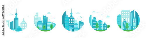 Set of round icons with blue city. Urban landscape with houses in circle.