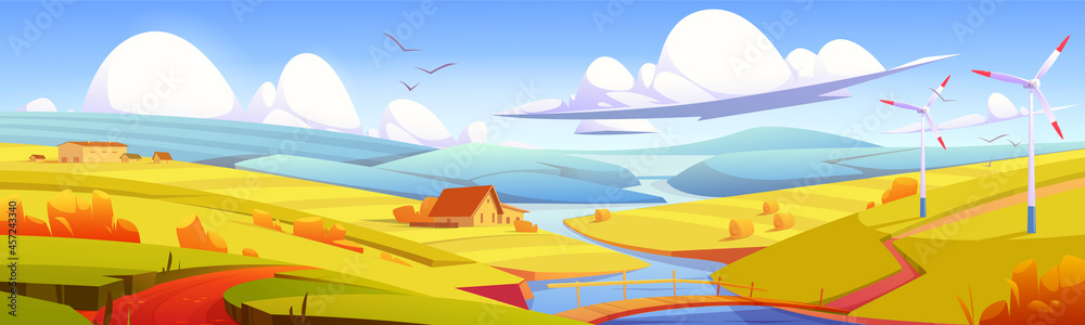 Rustic landscape, meadow, rural field with bridge over river, hay stacks and farm buildings. Parallax effect, scenery autumn countryside nature background in yellow colors, Cartoon vector illustration