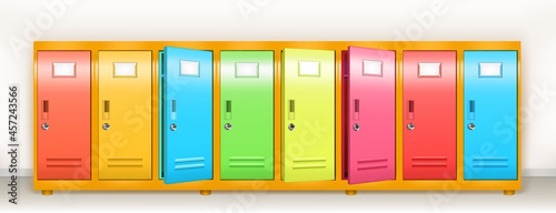 Colorful lockers, vector school or gym changing room metal cabinets. Row of multicolored storage with closed and open doors, keys and name plates in college or office hallway Realistic 3d illustration