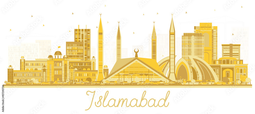 Islamabad Pakistan City Skyline with Golden Buildings Isolated on White.