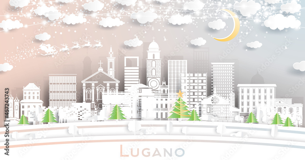 Lugano Switzerland City Skyline in Paper Cut Style with Snowflakes, Moon and Neon Garland.