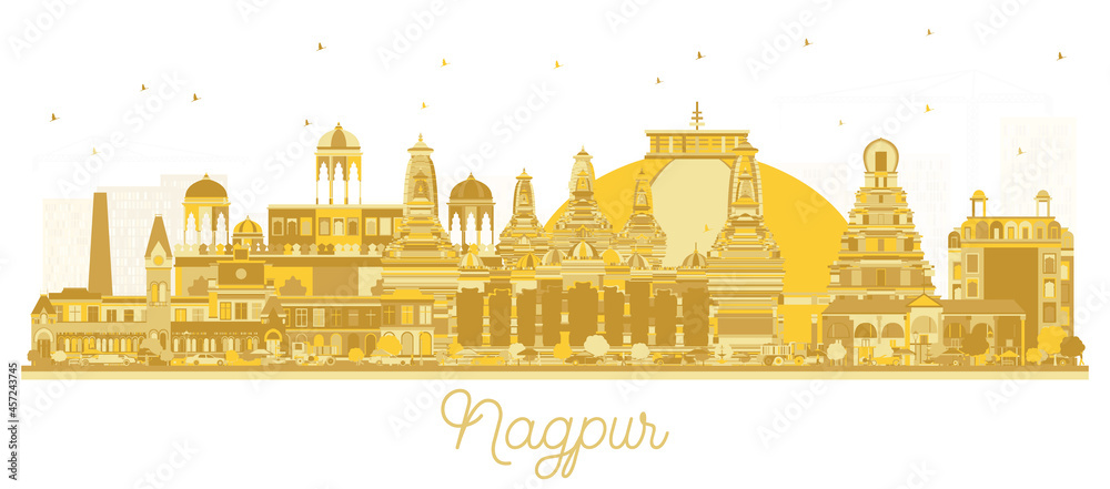 Nagpur India City Skyline with Golden Buildings Isolated on White.