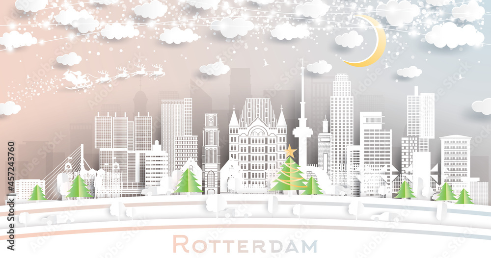 Fototapeta premium Rotterdam Netherlands City Skyline in Paper Cut Style with Snowflakes, Moon and Neon Garland.