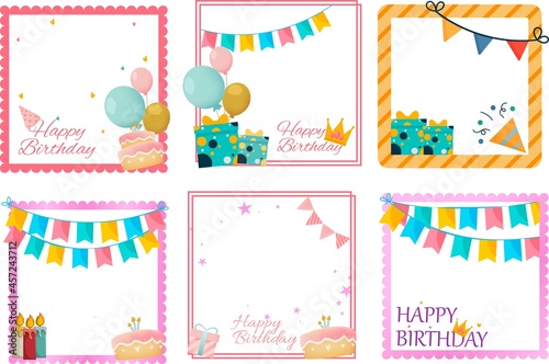 Happy birthday photo frame design with gifts, balloons, and other party elements. Birthday wish frame design with cakes and party banner. Collection of birthday photo frames.