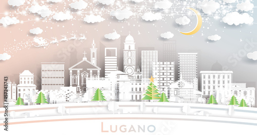 Lugano Switzerland City Skyline in Paper Cut Style with Snowflakes, Moon and Neon Garland.