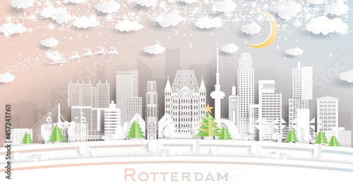 Rotterdam Netherlands City Skyline in Paper Cut Style with Snowflakes, Moon and Neon Garland.