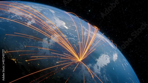 Earth in Space. Orange Lines connect Atlanta, USA with Cities across the World. Worldwide Travel or Communication Concept.