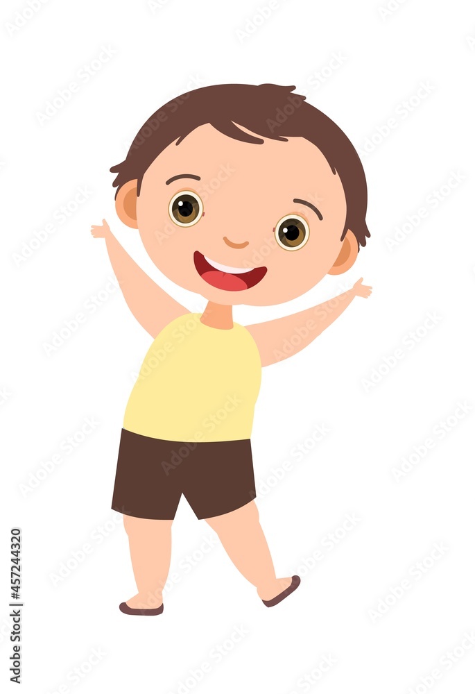 Child funny. Little boy. In yellow clothes. Kid jumps for joy. Charming active cute character. Cute kid. Face wobble smile. Cartoon style. Isolated on white background. Vector