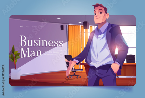 Businessman banner with leader in office conference room. Vector landing page with cartoon illustration of ceo man in suit in company boardroom with table and chairs