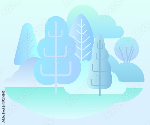 Winter forest landscape. Flat style symbolic illustration. Scenery with trees, shrubs and snowdrifts. Rural wildlife. Countryside view with frost. Beautiful art picture. Vector