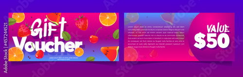 Gift voucher, shopping certificate two-sided vector mockup with summer fruits, berries and value price. , Promo card for store or cafe discount, off, special offer coupon cartoon printable template