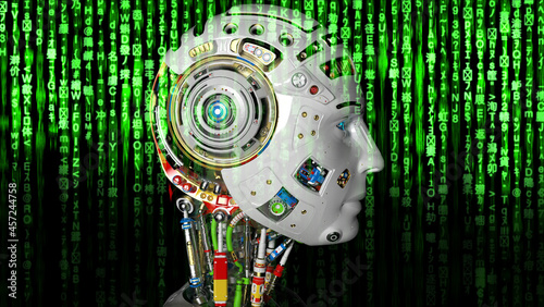 Bild auf Leinwand Detailed appearance of the white AI robot in shadow under matrix code background with the green digital symbols