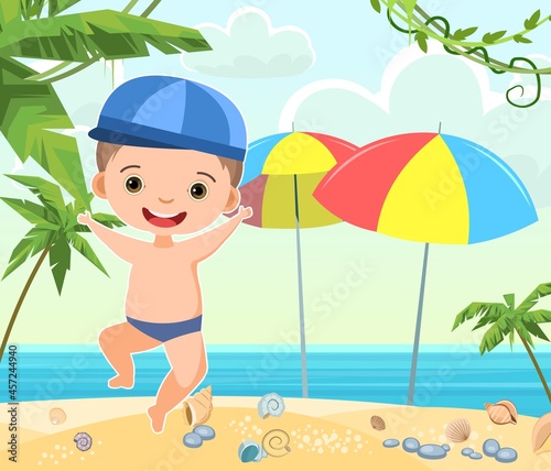 Child beach. Sandy seashore. Sea landscape. Tropical palms. Cheerful jump boy. Sun umbrella. Cartoon style. Vector.