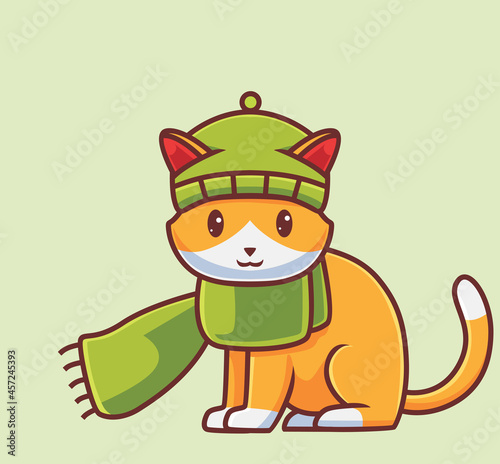 cute cat wearing scarf balaclava. Isolated cartoon animal autumn season concept illustration. Flat Style suitable for Sticker Icon Design Premium Logo vector. Mascot character