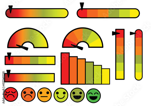 Indicator scale.Diagram of rating.a green and red gradient bar.Infographic or presentation element.Meter with progress level.Low and high ruler.Flat design vector illustration.Sign, symbol, icon.